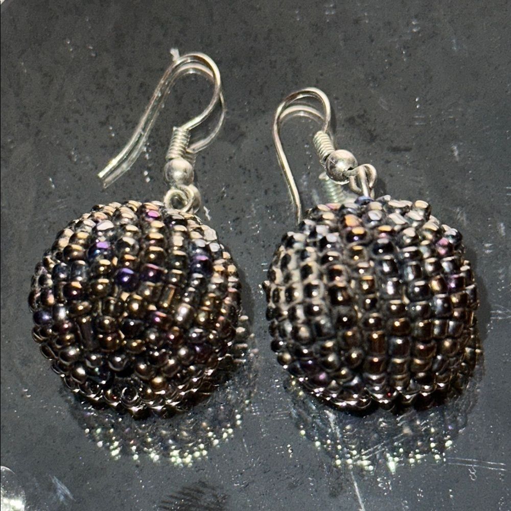 Silver, Gray‎ &  Blue Sead Beaded Round Drop Wire Earrings